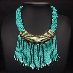 Green beaded tassel statement necklace